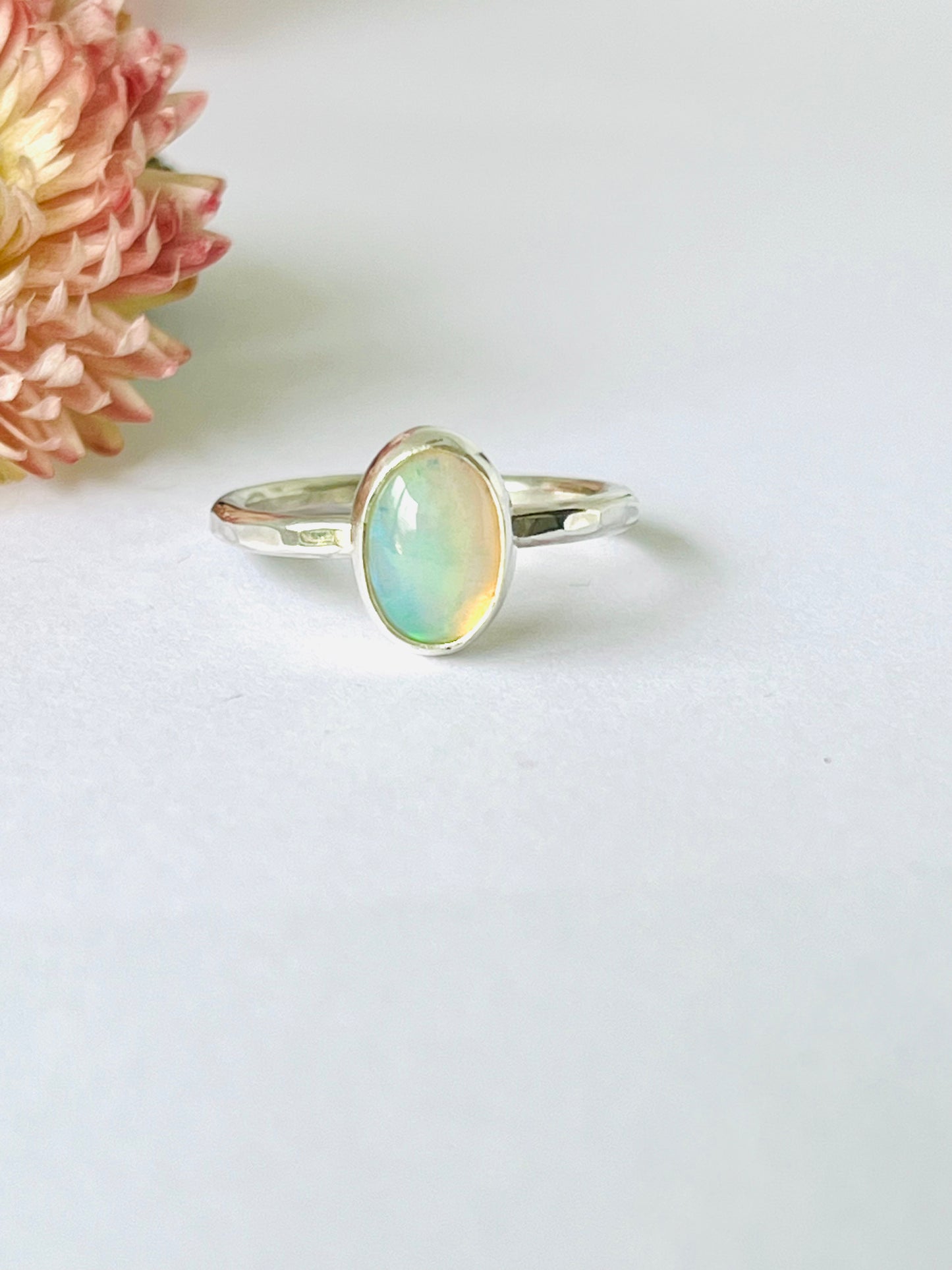 Crystal Opal Ring with Hammered Band
