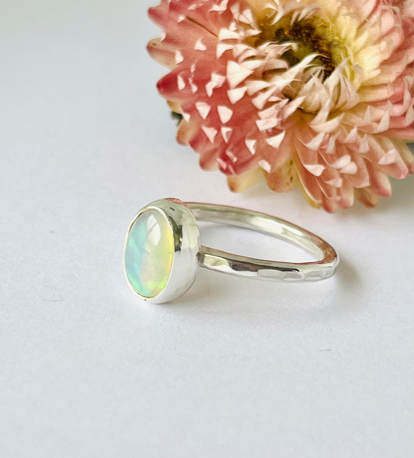 Crystal Opal Ring with Hammered Band