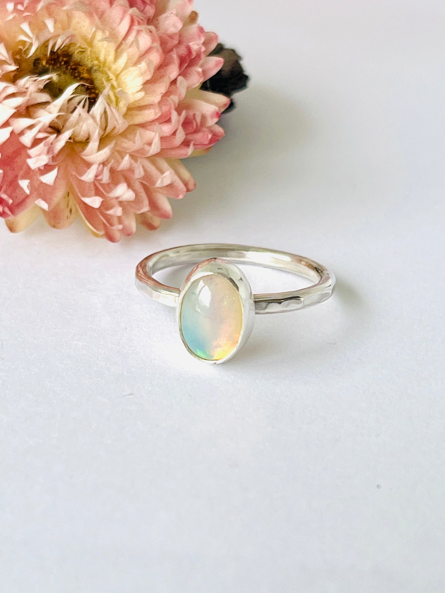 Crystal Opal Ring with Hammered Band