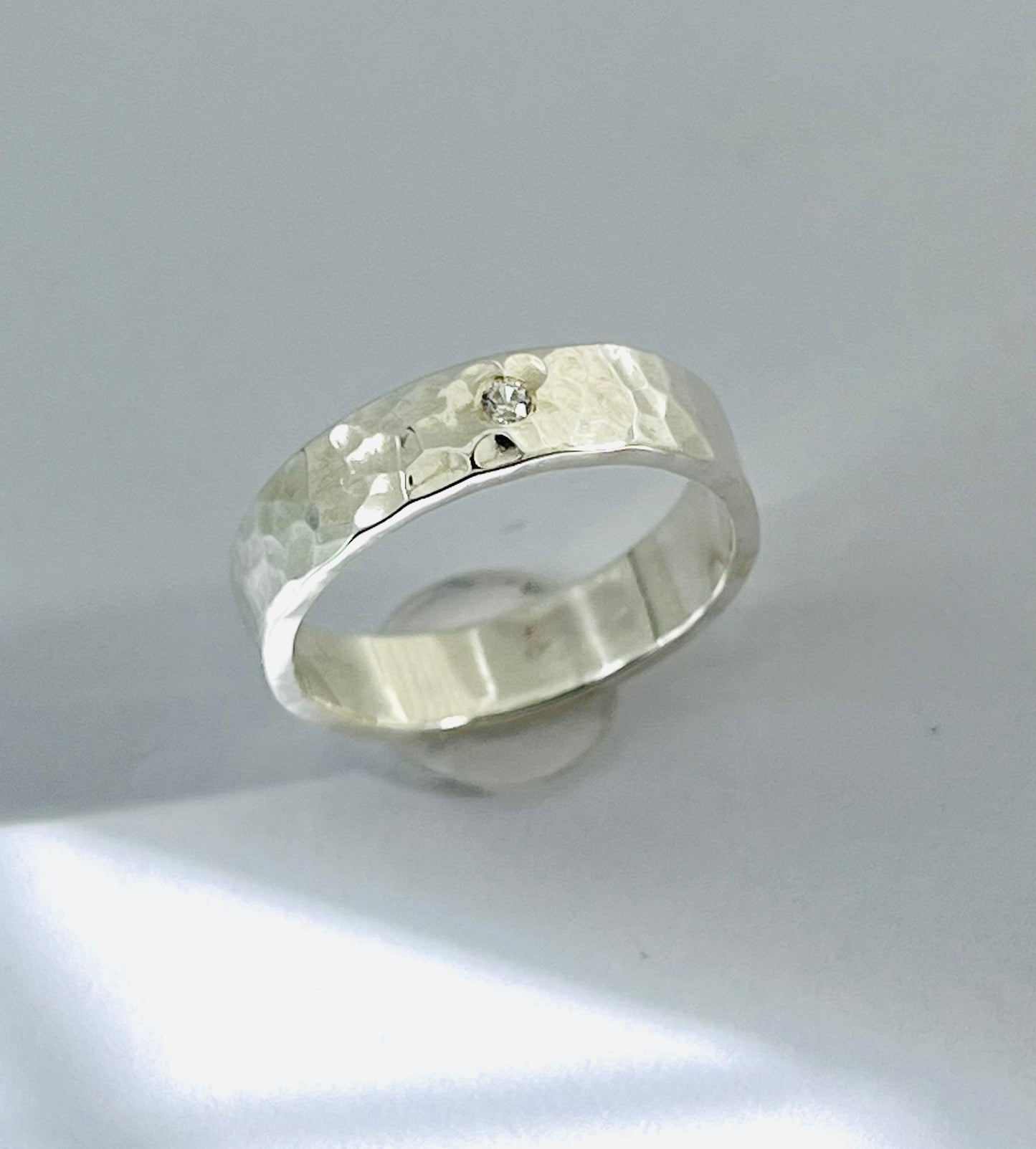 Wide Hammered Ring With Stone