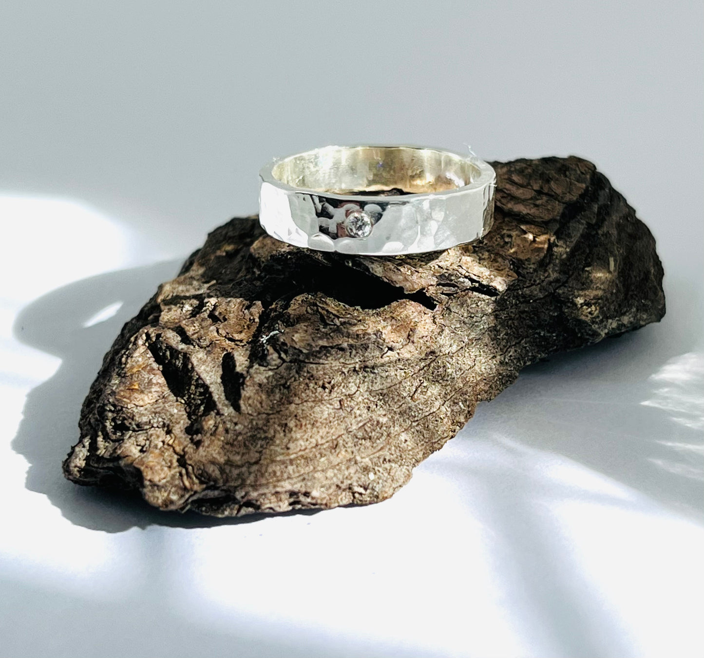 Wide Hammered Ring With Stone