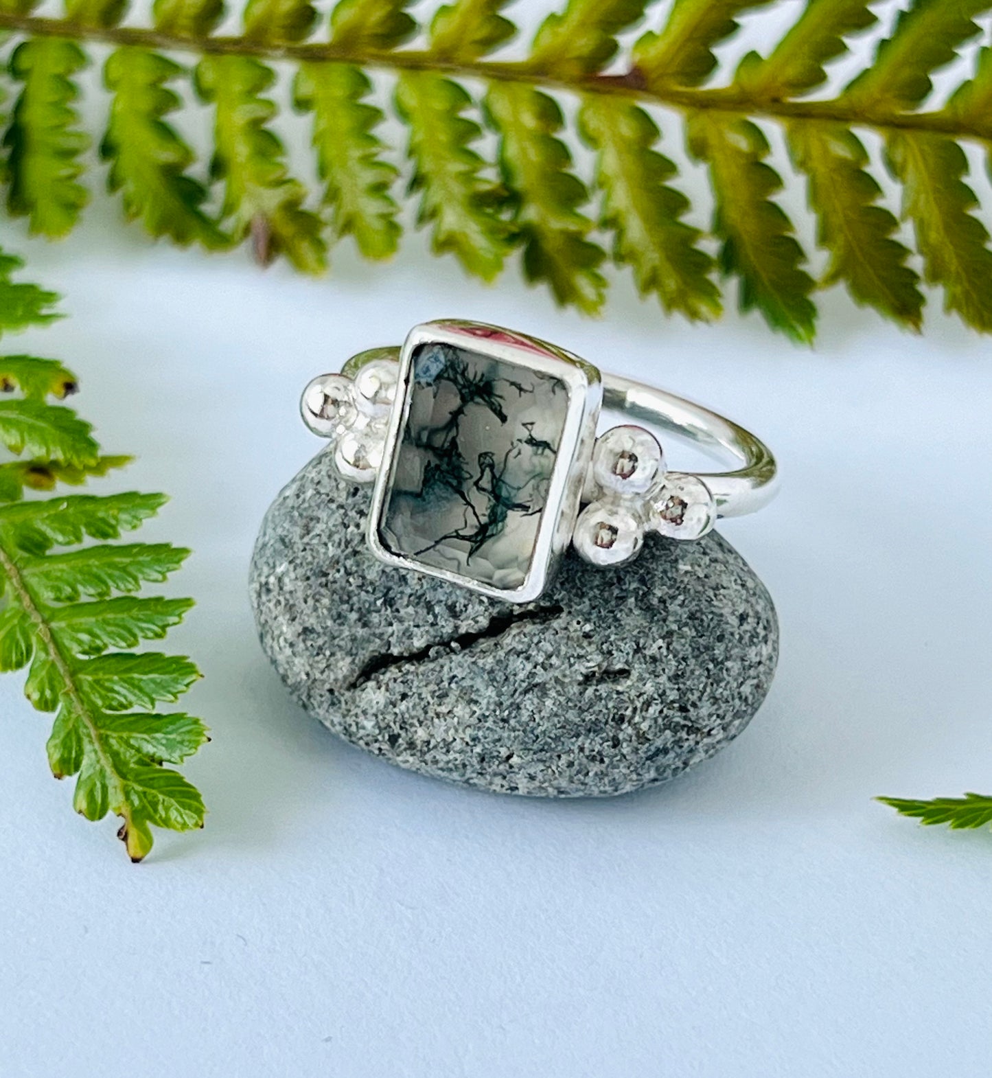 Moss Agate Ring with Silver Balls