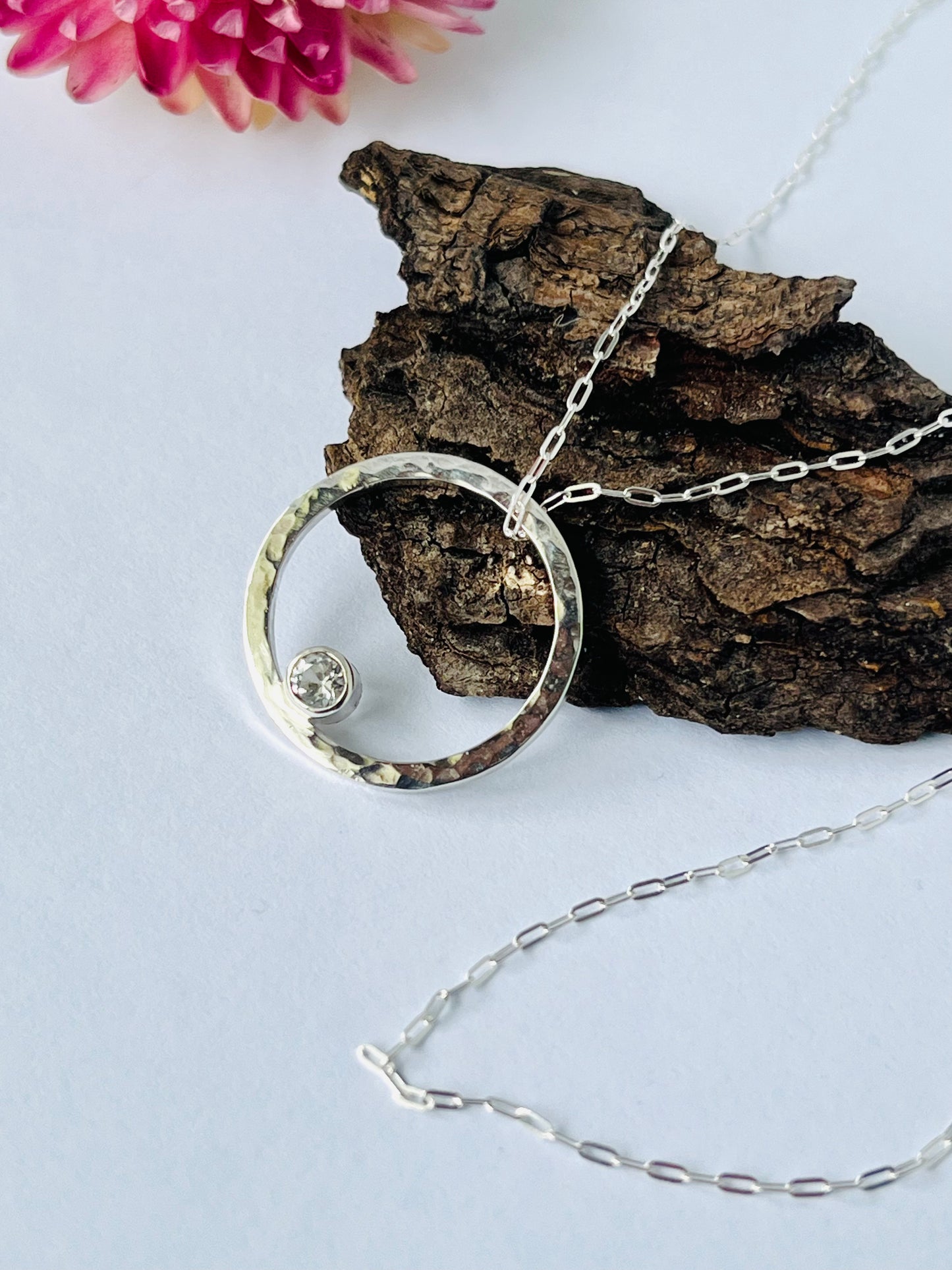 White Sapphire Hammered Circle Necklace