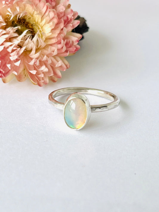 Crystal Opal Ring with Hammered Band